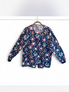 Womens Navy Holiday Snowman Scrub Jacket size M